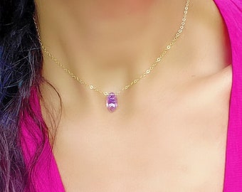 Dainty Pink Amethyst Necklace, Minimal Pink Gemstone Pendant, February Birthstone, Gift for Her