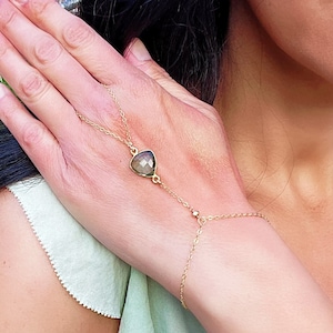 Dainty Gold Hand Piece, Green Amethyst Quartz Bracelet Chain, Gift for Her