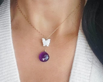 Dainty Lucky Mother of Pearl Butterfly and Amethyst Necklace, February Birthstone, Gemstone Pendant, Bridal Gift for Her