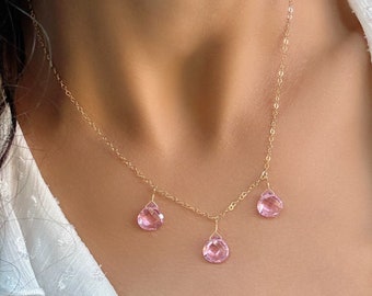 Dainty Pink Quartz Necklace, Minimal Pink Three Stone Necklace, October Birthstone, Gift for Her