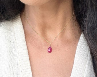 Genuine Pink Sapphire Drop Necklace, Dainty Pink Gemstone Jewelry, September Birthstone, Gift for Her