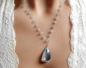 Swiss Blue Topaz Necklace, Gemstone Bead Necklace, December Birthstone, Boho Bridal Gift for Her