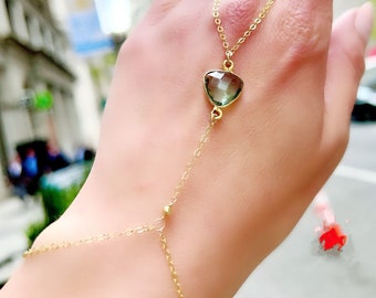 Dainty Gold Hand Piece, Green Amethyst Quartz Bracelet Chain, Gift for Her