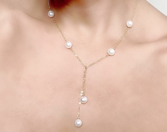 Dainty Baroque Pearl Lariat, Wedding Y Necklace, June Birthstone, Bridal Pearl Drop, Gift for Her