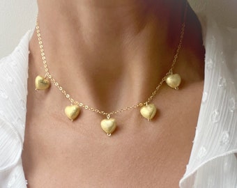 Statement Gold Heart Necklace Bold Heart Charms Necklace Romantic Layering Jewelry Valentine’s Gift 14k Gold Look