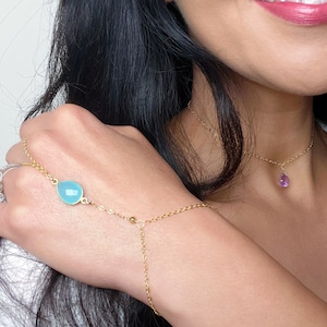 Elegant Gold Chalcedony Hand Chain Bracelet Fine Boho Jewelry for Women Dainty Gemstone Hand Harness Sophisticated Statement Bracelet