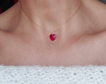 Dainty Red Heart Necklace, Red Heart Pendant, Minimal Ruby Heart Choker, Valentine Love Gift For Her
