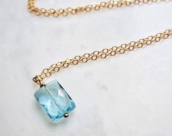 Dainty Blue Topaz Pendant Necklace in Gold, Minimal Gemstone Jewelry, December birthstone, Gift for Her