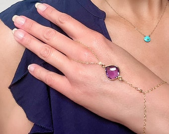 Dainty Gold Hand Piece, Purple Amethyst Quartz Bracelet Chain, February Birthstone, Gift for Her