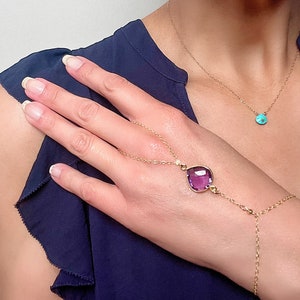 Dainty Gold Hand Piece, Purple Amethyst Quartz Bracelet Chain, February Birthstone, Gift for Her image 1