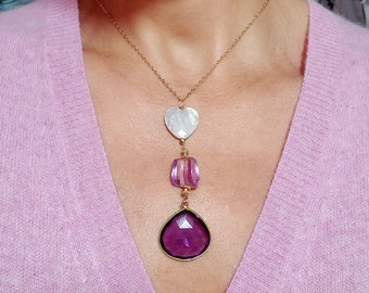 Genuine Large Amethyst Teardrop and Pearl Y Necklace in Gold, Pink and Purple Amethyst Gemstone Pendant, February Birthstone, Gift for Her