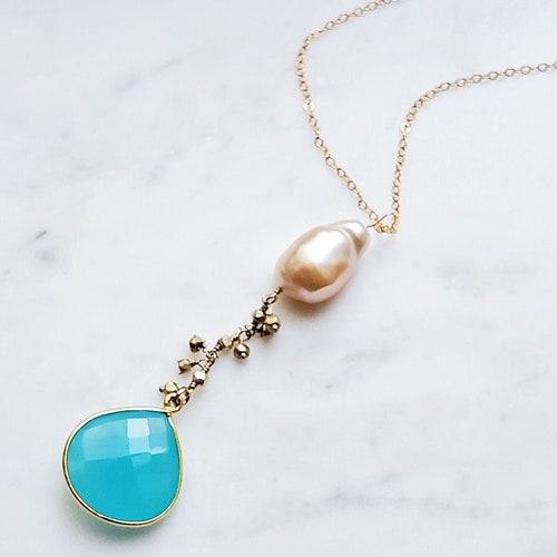 Blue Chalcedony Teardrop and Baroque Pearl Necklace, Bridal Blue Gold Jewelry, November December Birthstone, Gift shops for Her