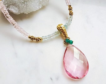 Statement Aquamarine Morganite and Pink Quartz Necklace, Pink and Blue Gemstone Choker, March and October Birthstone, Bridal Gift for Her