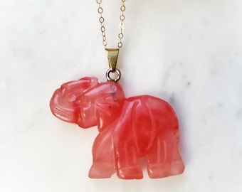 Dainty Lucky Pink Quartz Elephant Pendant Necklace, Good Luck Animal Charm, Gift for Her