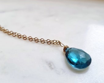 Dainty London Blue Topaz Necklace, Minimal Gemstone Pendant, Delicate Bridal Bridesmaid Gift, Gift for Her