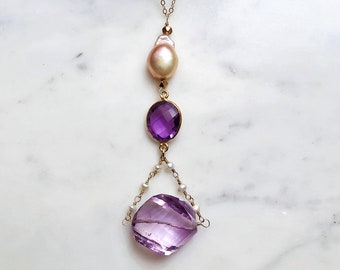 Dainty Amethyst and Pearl Drop Necklace in Gold, Pink Amethyst Gemstone Pendant, Purple Gemstone Choker, Gift for Her