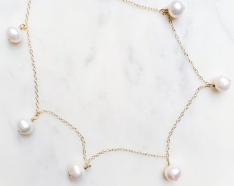 Dainty Pearl Station Necklace, Genuine Pearl Dangle Choker, June Birthstone, Gift for Her