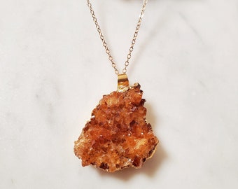 Citrine Quartz Druzy Pendant Necklace in Gold, Quartz Druzy Jewelry