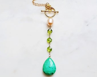 Chrysoprase and Green Garnet Y Necklace, Gold Gemstone Lariat, Boho Gift for Her