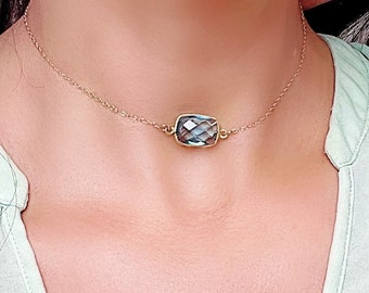 Dainty Blue Topaz Quartz Necklace in Gold, Blue Quartz Pendant, Gift for Her