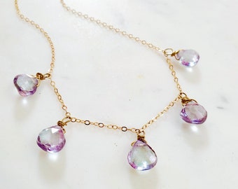 Dainty Blue Quartz Teardrop Necklace in Gold, Multi Gemstone Drop, Gift for Her