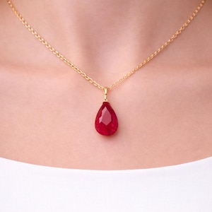 Gold Ruby Teardrop Necklace - Red Ruby Drop Pendant - 14k Gold Fill or Sterling Silver - Natural Ruby Jewelry Gift - July Birthstone