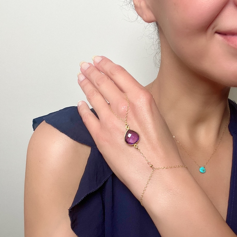 Dainty Gold Hand Piece, Purple Amethyst Quartz Bracelet Chain, February Birthstone, Gift for Her image 2