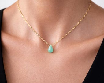 Natural Seafoam Green Chalcedony Necklace - 14k Gold Fill or Silver - Mint Teardrop Pendant - Dainty Minimalist Boho Jewelry Gift for Her