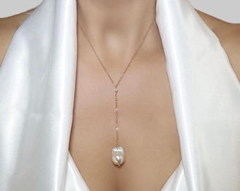 Dainty Baroque Pearl Lariat Minimal Pearl Y Necklace 14k Gold Fill or Silver Chain June Birthstone Bridal and Wedding Jewelry Gift for Her