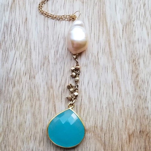 Blue Chalcedony Teardrop and Baroque Pearl Necklace, Bridal Blue Gold Jewelry, November December Birthstone, Gift shops for Her