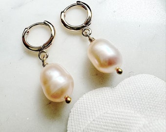 Huggie Pearl Drop Earrings, Pearl Hoop Earrings, June Birthstone