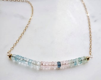 Dainty Aquamarine and Morganite Bar Necklace, Minimalist Pink and Blue Gemstone Choker, March Birthstone, Gift for Her