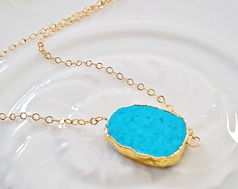 Dainty Genuine Turquoise Slice Necklace, Raw Gemstone Slab Pendant, December Birthstone, Gift for Her