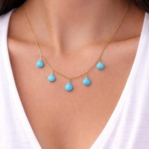 Sleeping Beauty Turquoise Necklace - 14k Gold Fill Five Stone Station Drop -  Robins Egg Blue Turquoise Dangle - December Birthstone Gift
