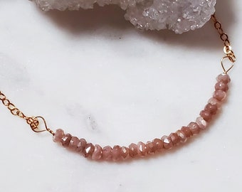 Dainty Peach Moonstone Bar Necklace, Gemstone Beaded Bar, Delicate Gold, Minimal Jewelry, October Birthstone, Gift for Her