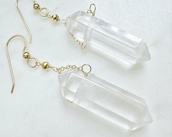 Clear Crystal Quartz Dangle Earrings 14k Gold Fill or Sterling Silver Handmade Earrings Dainty Raw Gemstone Crystal Earring Gift