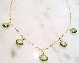 Green Quartz Multi Gemstone Tear Drop Necklace in Gold, Gold Layering, Gift for Her