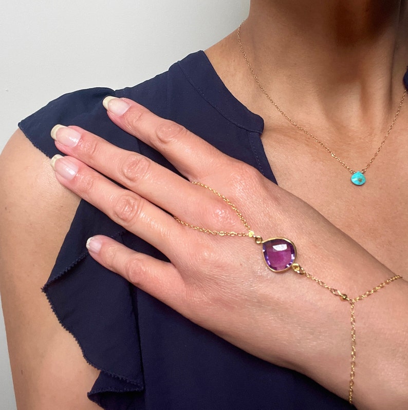 Dainty Gold Hand Piece, Purple Amethyst Quartz Bracelet Chain, February Birthstone, Gift for Her image 4