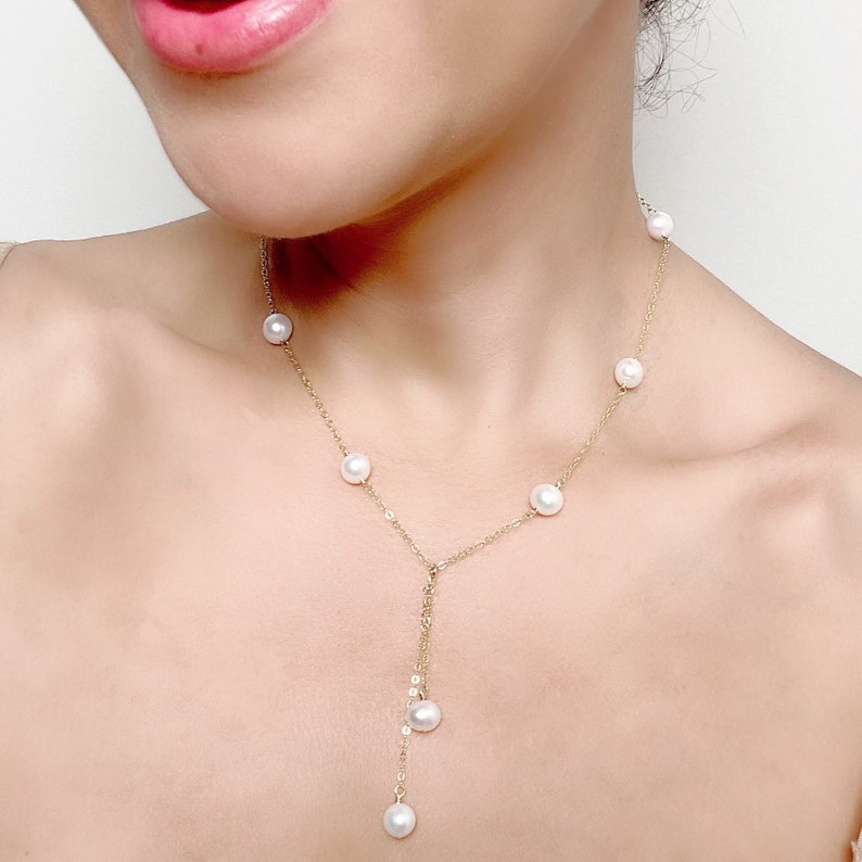 Dainty Baroque Pearl Lariat, Wedding Y Necklace, June Birthstone, Bridal Pearl Drop, Gift for Her image 1