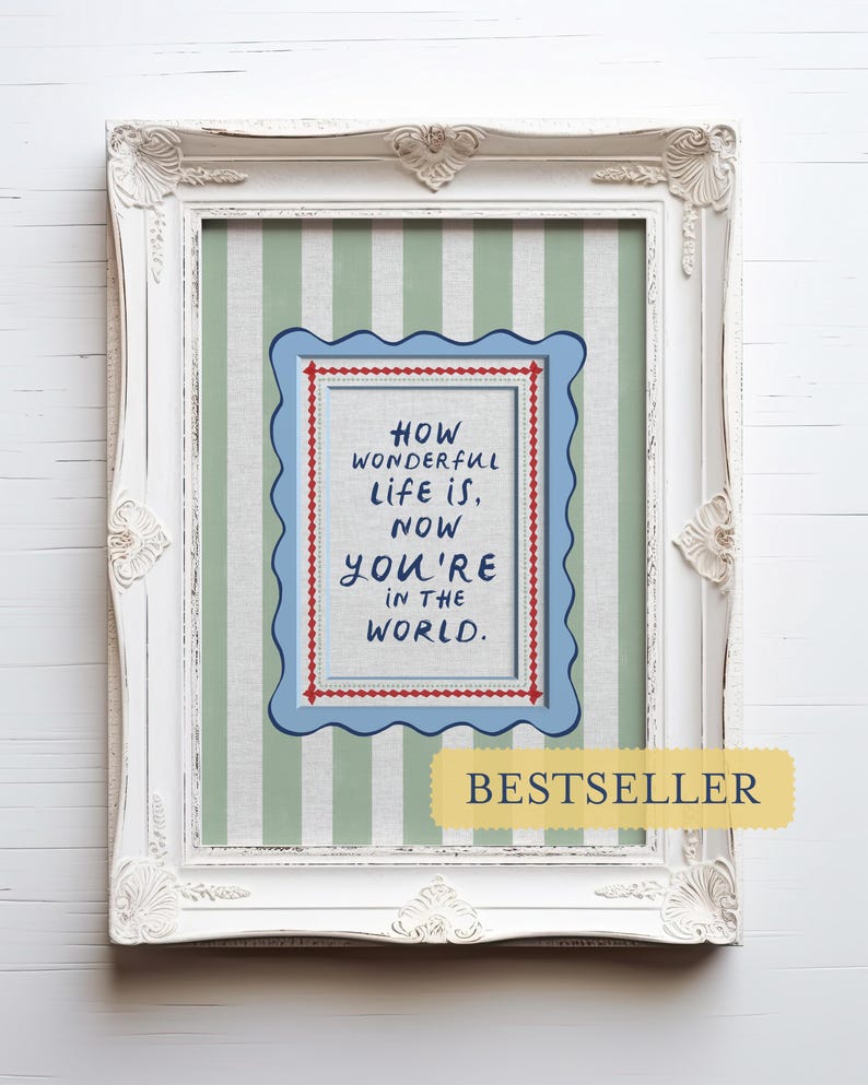 A timeless How Wonderful Life Is Now You’re In the World nursery print in soft sage green tones with classic stripes and a vintage circus feel. Perfect for playroom wall art, kids wall art, and baby room wall decor. This heartfelt nursery quote print adds warmth and meaning to any space, pairing beautifully with sage green nursery art and traditional circus nursery themes. Ideal for parents who love vintage playroom art and storybook-inspired design.