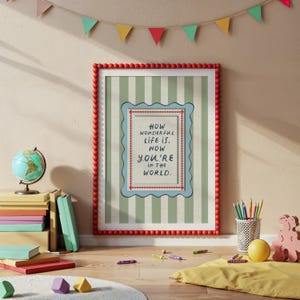 A vintage-inspired How Wonderful Life Is Now You’re In the World nursery print in soft sage green stripes — a beautiful affirmation for children and a perfect DIY nursery art idea. This positive quote print encourages joy and self-worth while adding warmth to any playroom or baby room. Ideal for parents creating mindful kids spaces, handmade playroom wall art, or sage green nursery decor with a storybook, circus-inspired touch.
