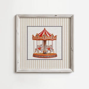 Vintage Karussell Kinderzimmer Druck, Karneval Thema Dekor, Zirkus Streifen, Bauernhaus Cottagecore, Maximalist, Wunderliche Karussell Illustration