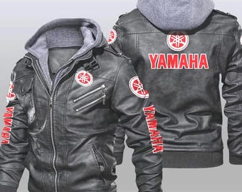 Men's Real Leather Yamaha Bomber Jacket with Removable Hood – Handmade Motorcycle Style Hoodie Jacket