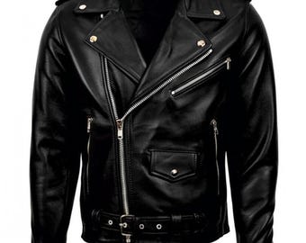 May include: A black leather motorcycle jacket with a zipper closure, a belt at the waist, and multiple pockets.