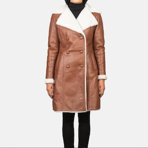 Women Long Winter Brown Coats-Double Breasted Shearling Leather Trench Coat