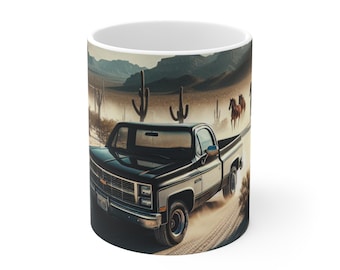 Taza retro de aventura en el desierto, taza de café vintage de camión, taza de cerámica estilo western, regalo de vaquero, artículos para beber para viajes por carretera