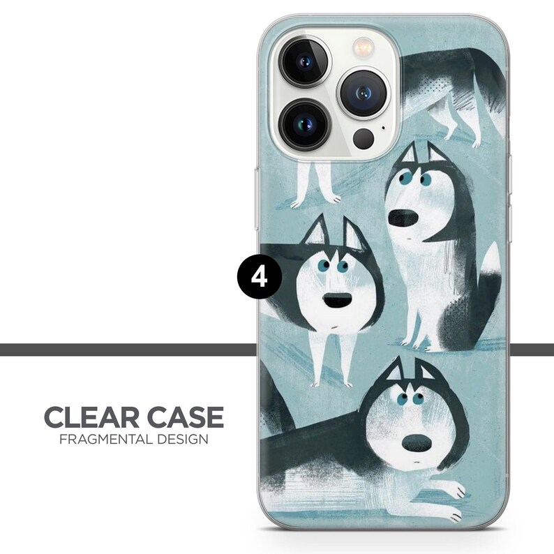 May include: A clear phone case with a blue background and a fragmented design featuring four cartoon husky dogs. The dogs are in various poses, including sitting, standing, and lying down. The case has a clear back and a white border.