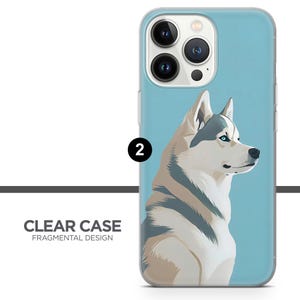 May include: A clear phone case with a blue background and a white and gray husky dog illustration. The case has a camera cutout for a phone with a triple lens camera.