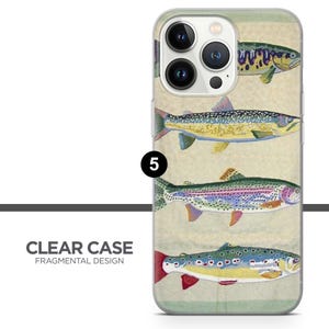 May include: Clear phone case with a fragmented design featuring four colorful trout fish on a light beige background. The case has a raised camera bump with a black camera lens.