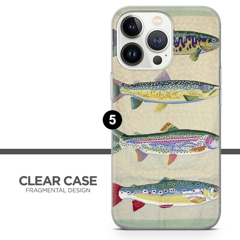 May include: Clear phone case with a fragmented design featuring four colorful trout fish on a light beige background. The case has a raised camera bump with a black camera lens.